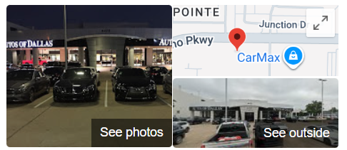 Google Business Profile screenshot for a used car dealer in Texas showing a 4.4 rating and 5,583 reviews